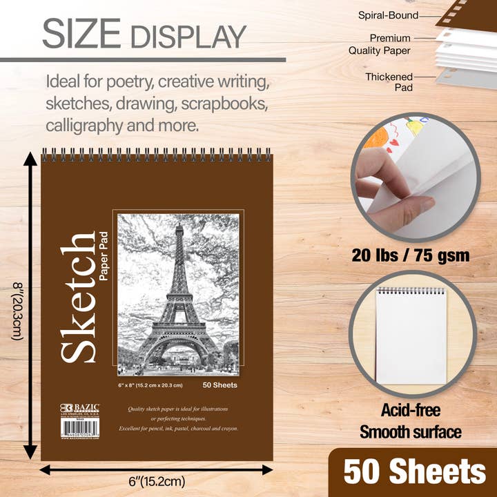 BAZIC Products - Wholesale Sketchbook/Sketchpad - Sketch Pad Top Bound Spiral 6"X 8"(50 Ct.)1
