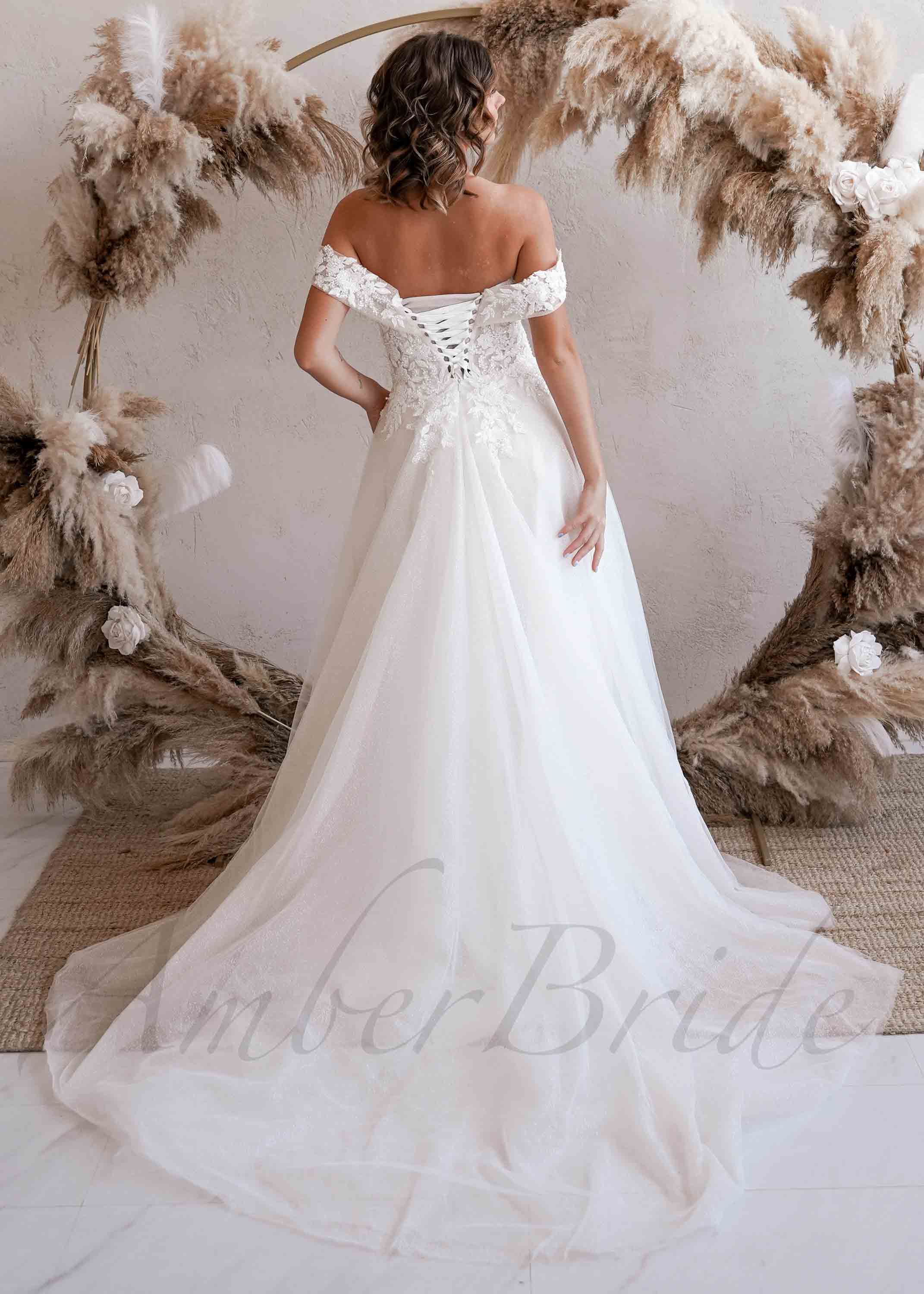 Amber Commerce Group, MB - Wholesale Gown - Women's - Exclusive Off Shoulder Glittery Wedding Dress with Floral Design and Corset2
