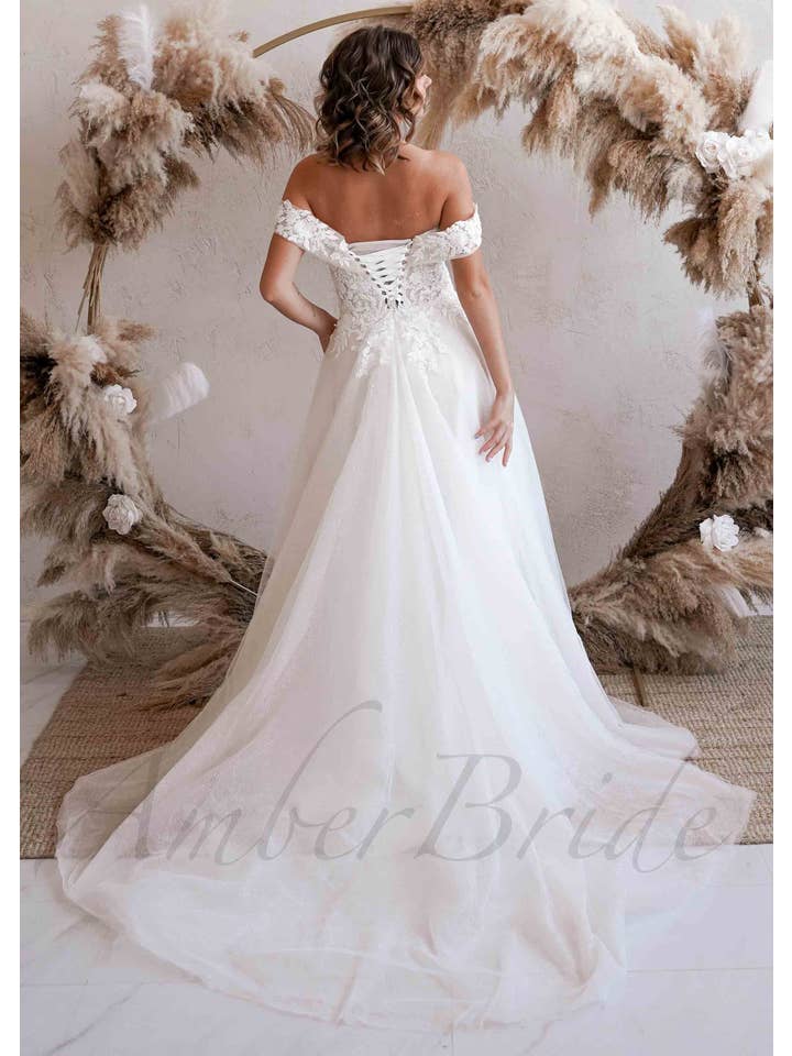 Amber Commerce Group, MB - Wholesale Gown - Women's - Exclusive Off Shoulder Glittery Wedding Dress with Floral Design and Corset2