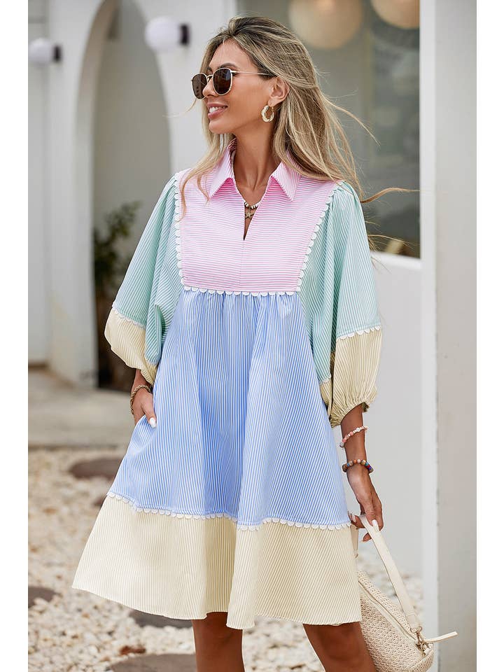 Multi Colored LDC Striped Patchwork Ric Rac Puff Sleeve Collared Dress for wholesale on Faire