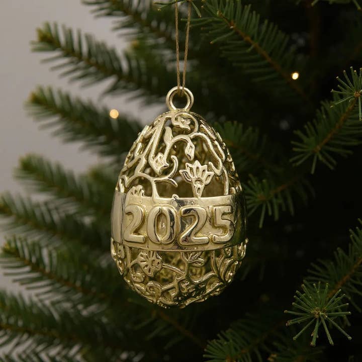 Personalized floral egg christmas bauble | antique gold metallic ornament | set of 2 or 4 for wholesale by The Tangerine Store