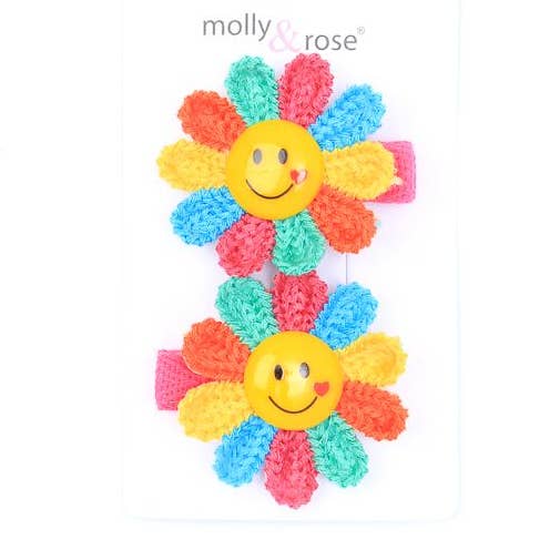 Card Of 2 Smiley Face Rainbow Flower Hair Clips 3.5cm for wholesale by Inca UK