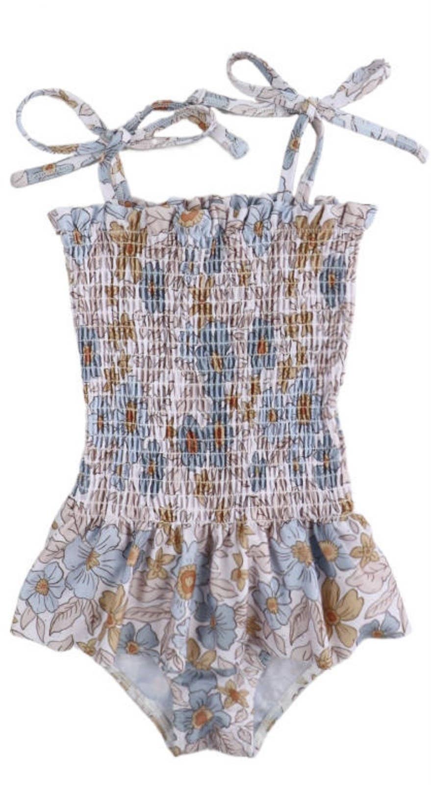 Rufflеѕ & Bоwtіеѕ - Affordable Boys & Girls Clothing - Wholesale One Piece Swimsuit - Kids - CLEARANCE Girl  Swimsuits - Blue & Tan Floral - 1Pc 3