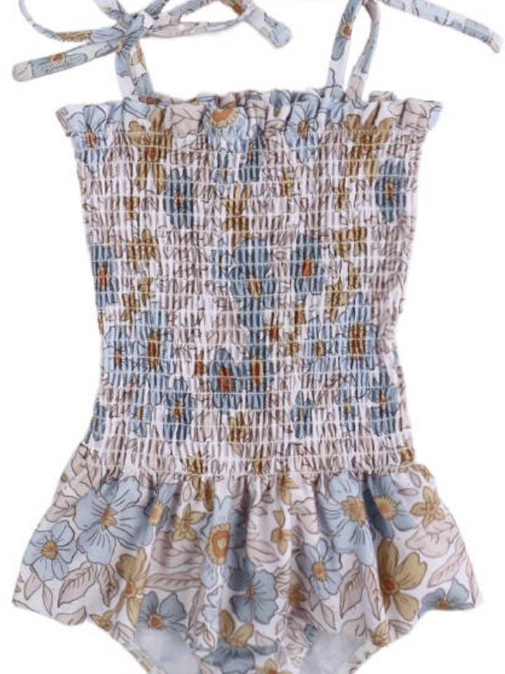 Rufflеѕ & Bоwtіеѕ - Affordable Boys & Girls Clothing - Wholesale One Piece Swimsuit - Kids - CLEARANCE Girl Swimsuits - Blue & Tan Floral - 1Pc 3