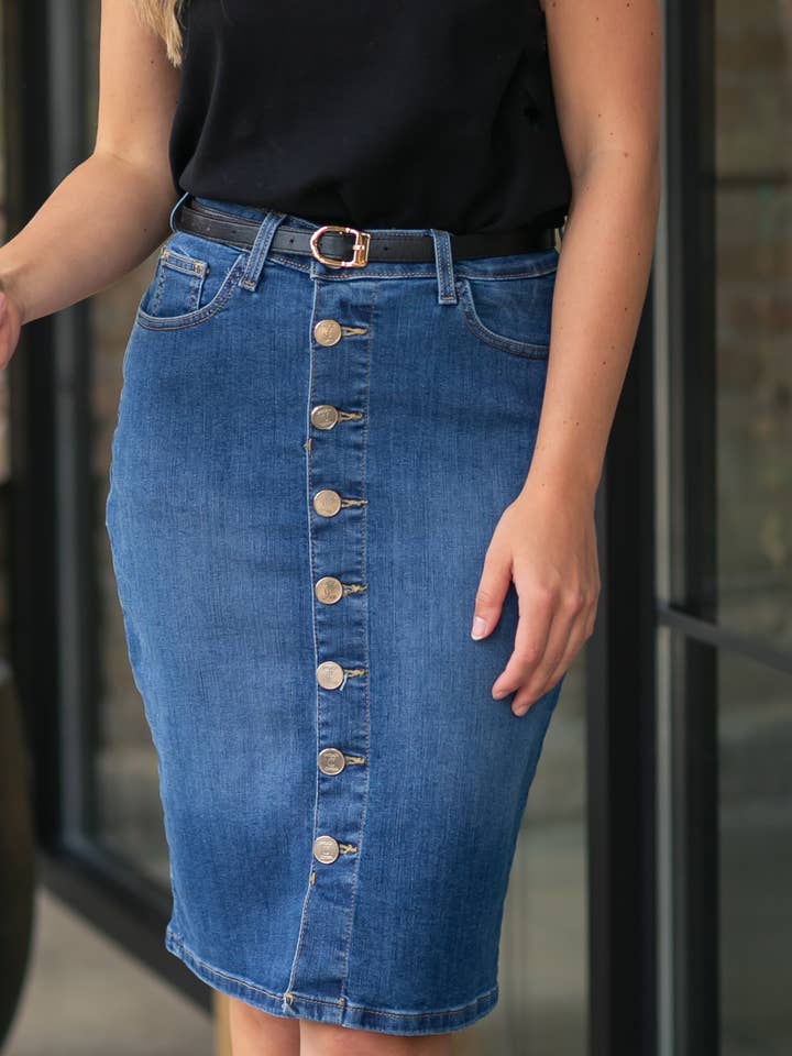 Zana Front Button Denim Midi Skirt for wholesale by Inherit Clothing Company