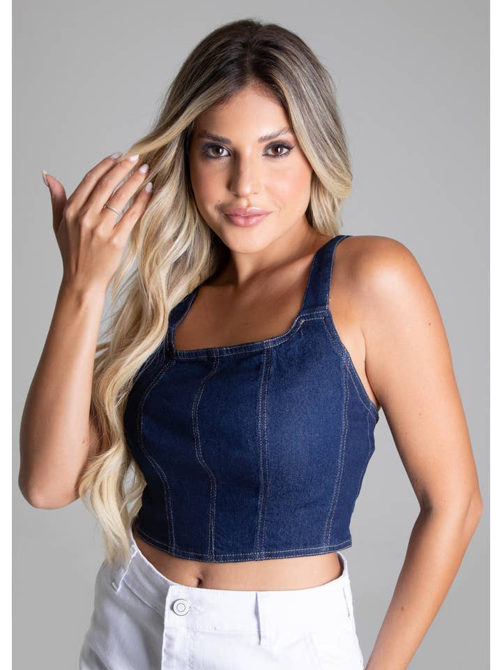 Sawary Jeans - Wholesale Blouse - Women's - Sawary Women's Jean Cropped Top - Denim Blue, Zip Closure