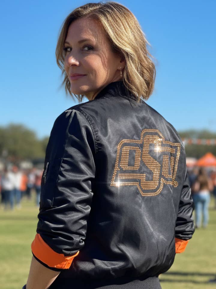 Licensed Game Day Jacket, Black Bomber, Oklahoma State OSU for wholesale by Moving Forward Designs
