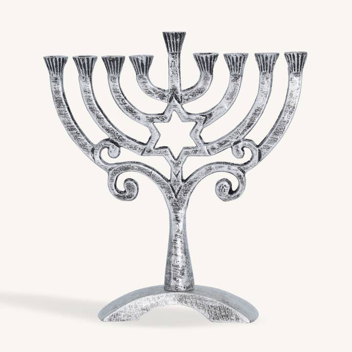 Antieke kaars Menorah - 7 Inch - Star of David Silver voor wholesale door Ner Mitzvah
