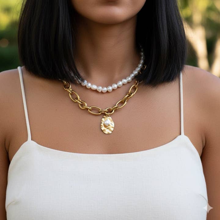 YELLOW GOLD - Necklace with chain and pearls for wholesale by OE!