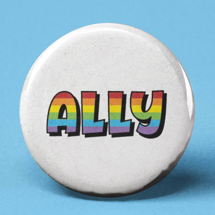 Ally Rainbow Pinback Button for wholesale by The Pin Pal Club
