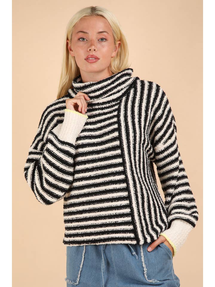VERY J - Wholesale Knit Sweater - Women's - 12W3186N-Mock Neck Soft Striped Knit Sweater Top