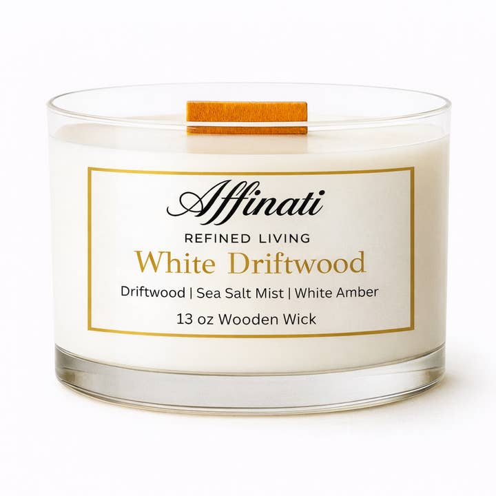 White Driftwood Wooden Wick Candle – Luxury 13 oz Soy Blend | Affinati for wholesale by Affinati