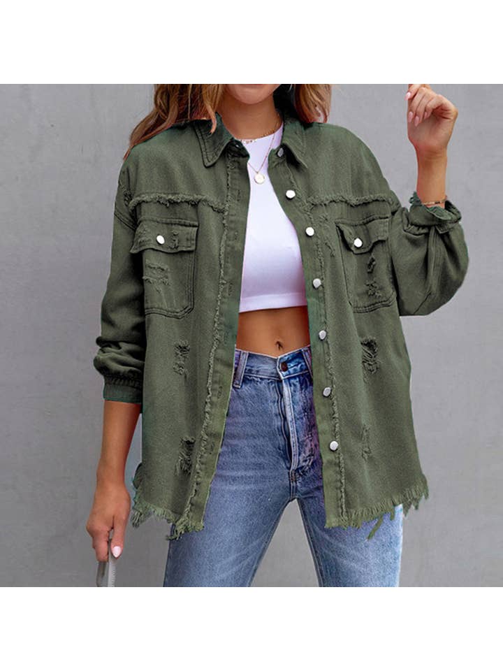 Lily Clothing - Wholesale Denim Jacket - Women's - Old solid color denim coat with lapel and ripped raw edge