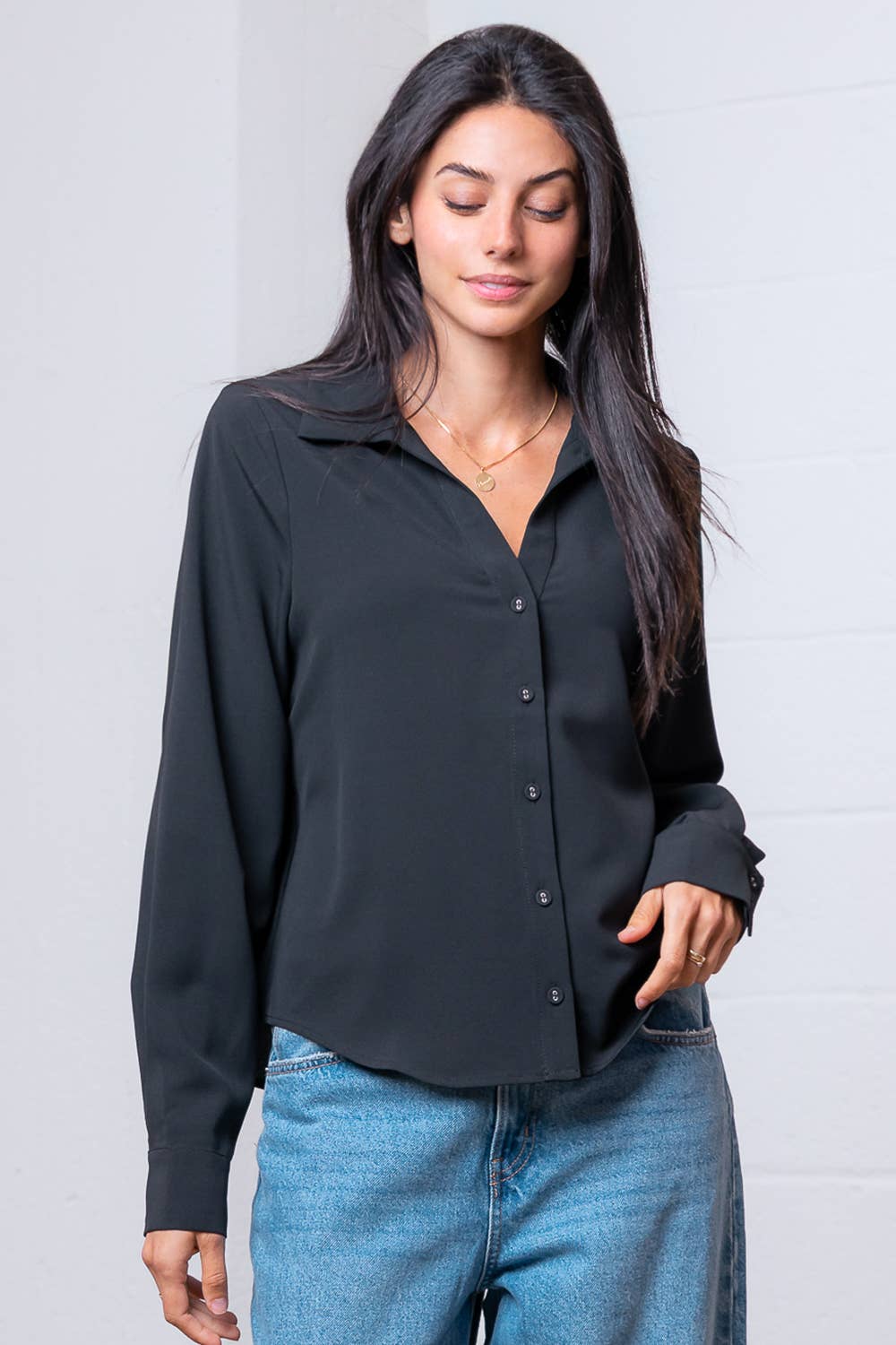 Taelynn - Wholesale Button Down Shirt - Women's - ST88298T-LONG SLEEVE BUTTON DOWN V-NECK SOLID SHIRT0