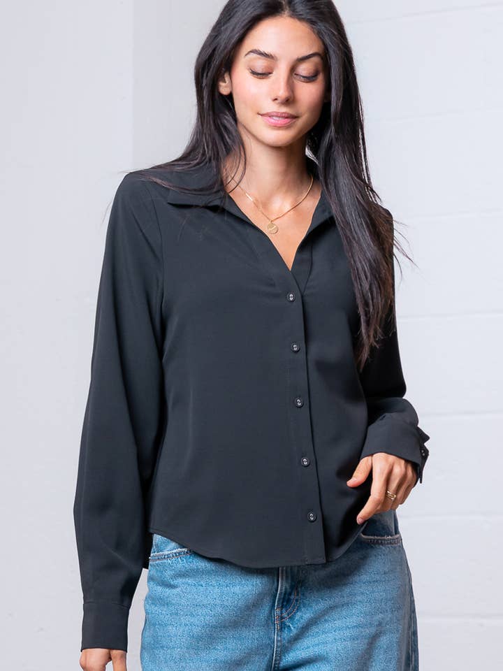 Taelynn - Wholesale Button Down Shirt - Women's - ST88298T-LONG SLEEVE BUTTON DOWN V-NECK SOLID SHIRT