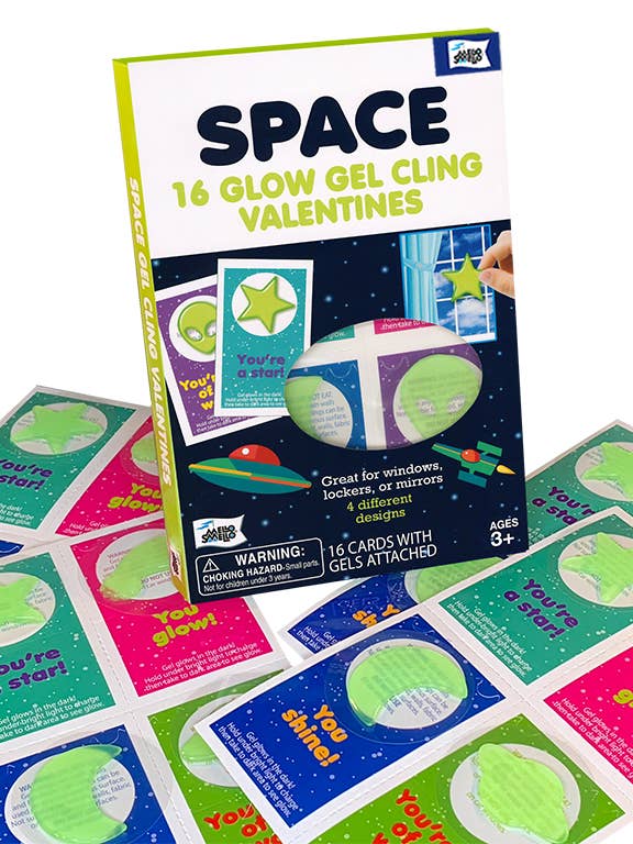 Glow-in-the-Dark Space Gel Cling Valentine's Cards for wholesale by Mello Smello