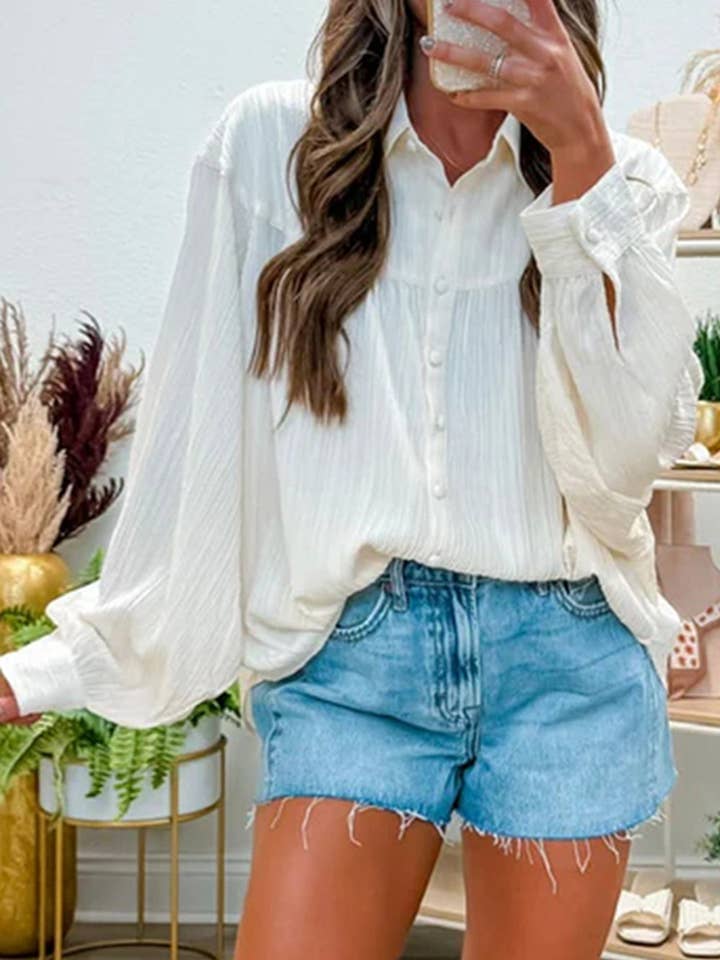 White Crinkled Texture Lantern Sleeve Button Down Loose Shirt for wholesale by Molly & Me Boutique