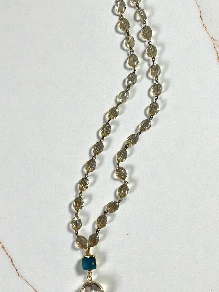 22" Champagne Necklace Azure Faceted square & Round Pendant for wholesale by Ava Capri