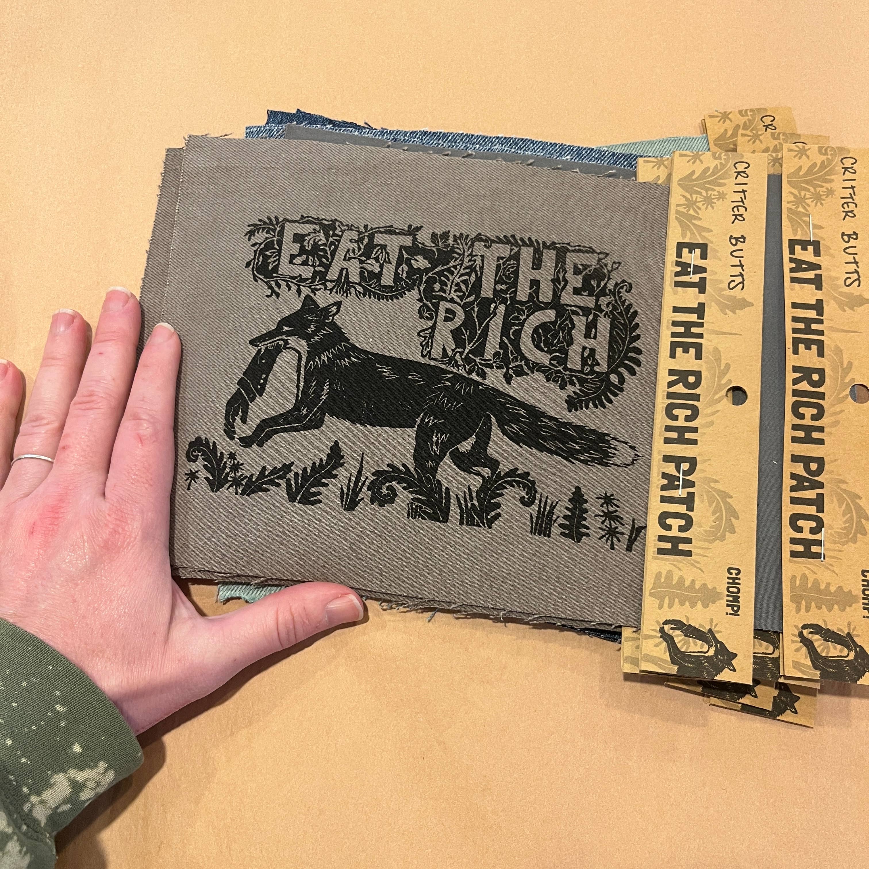 Critter Butts - Wholesale Patch - Eat The Rich Patch - Screen print on thrifted denim6