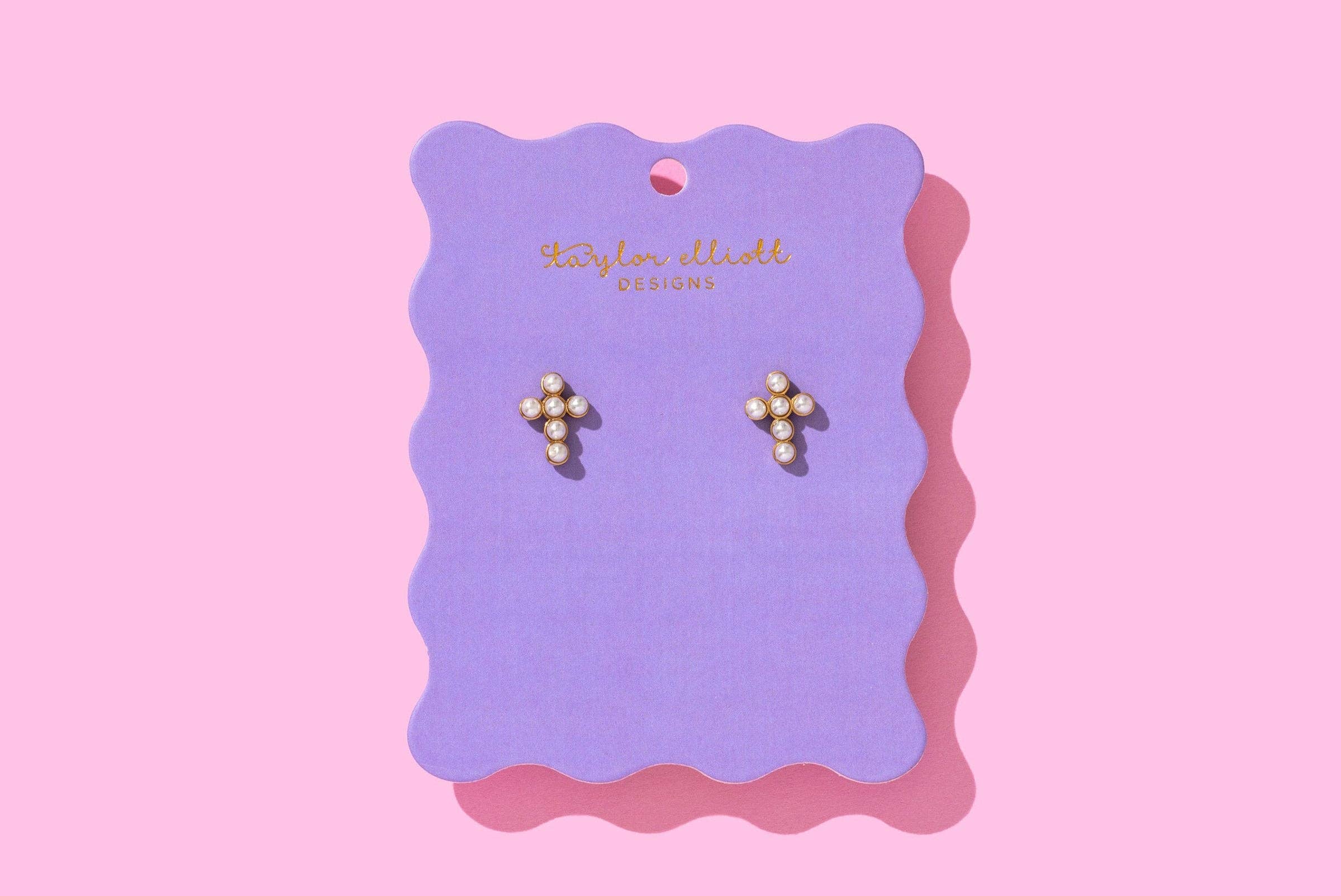 Taylor Elliott Designs - Wholesale Stud/Post Earrings - Stud Earrings - Gold-Plated + Pearl Crosses - Faith