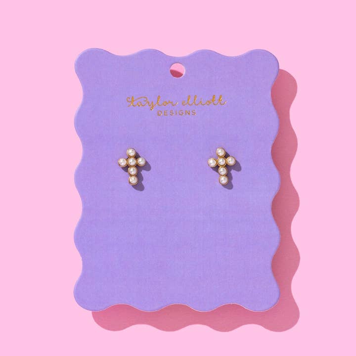Taylor Elliott Designs - Wholesale Stud/Post Earrings - Stud Earrings - Gold-Plated + Pearl Crosses - Faith0