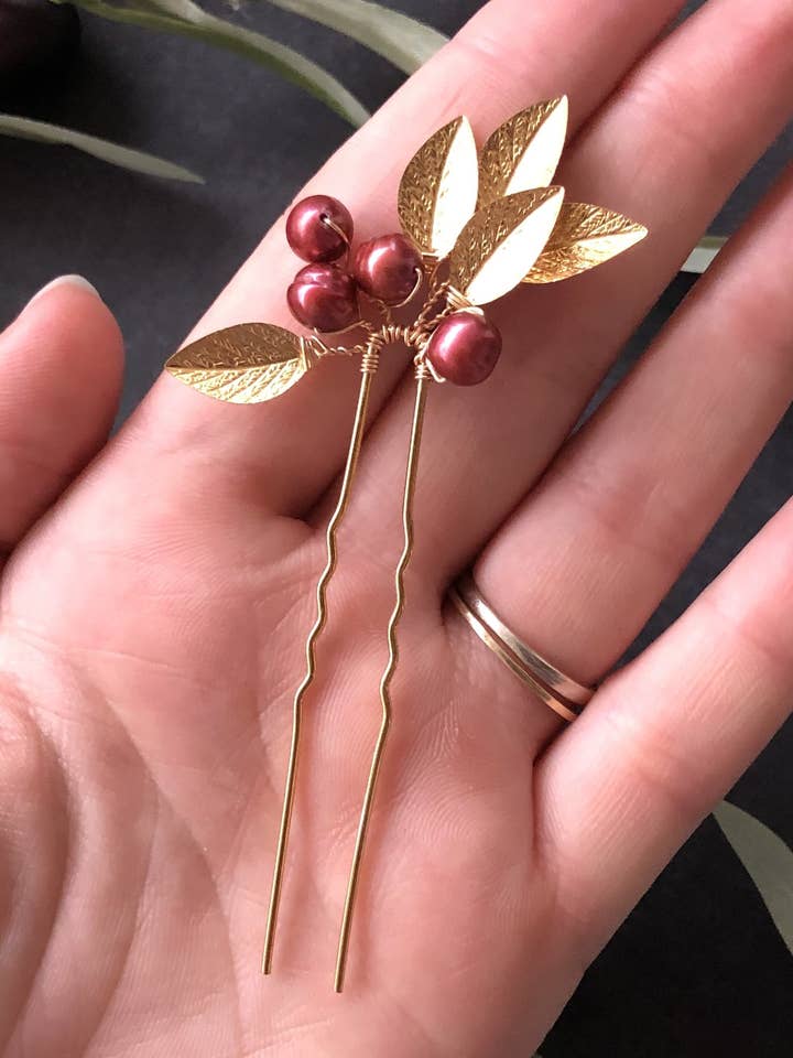 Olive Branch Hair Pins (1+) | Classic Gold Bridal Hair Pins, Pearl Headpiece, Casual Hair Accessory for wholesale by Sweet Olive Hairpieces