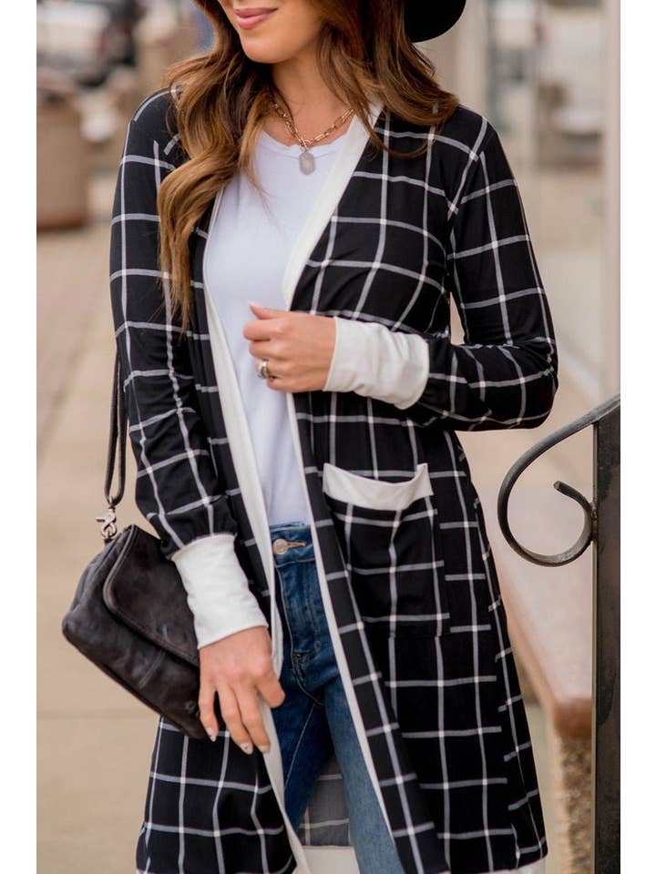 Black Plaid Colorblock Pocketed Cardigan for wholesale on Faire