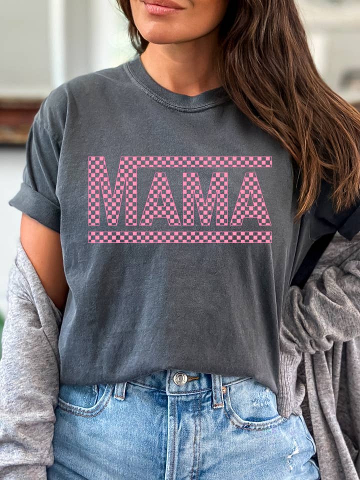 Pink Checkered Mama T- Shirt - Trendy Mom Graphic Tee for wholesale by Desert Raine