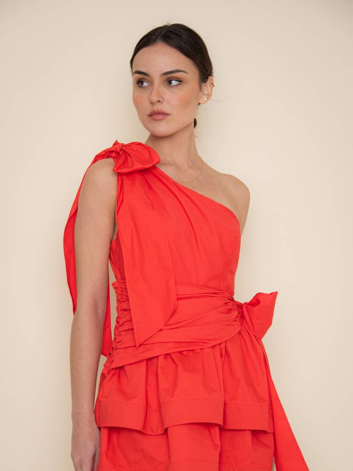 TOMATO RESORT ASYMMETRICAL SHOULDER BOW TIE MINI DRESS-DI10125FO for wholesale on Faire
