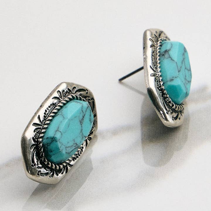 Oval Turquoise Studs with Silver Tone Frame for wholesale by Frem
