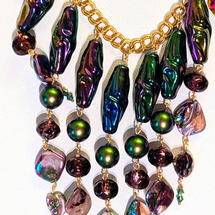 Gay Isber Designs - Wholesale Bib Necklace - Unique Vintage-Inspired Bib Purple Green Necklace with 1970s Austrian AB Acrylic Beads and Swarovski Crystals - One-of-a-Kind Design by Sugar Gay Isber1