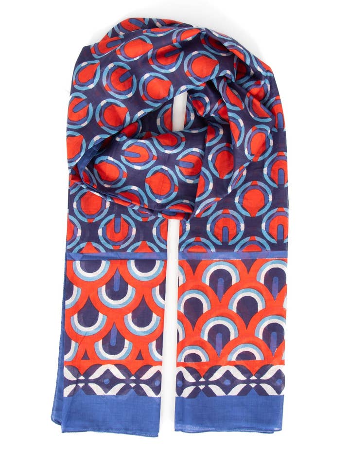 Lightweight Cotton Scarf - Navy/Red, Retro Geometric Print for wholesale by Sarta Accessories