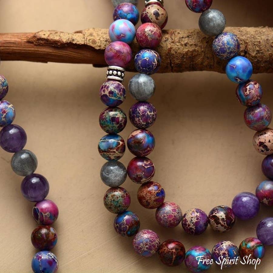 Free Spirit Shop - Vendita all'ingrosso Bracciale con perline - Bracciale Mala con 108 Perle in Diaspro Viola e Labradorite3