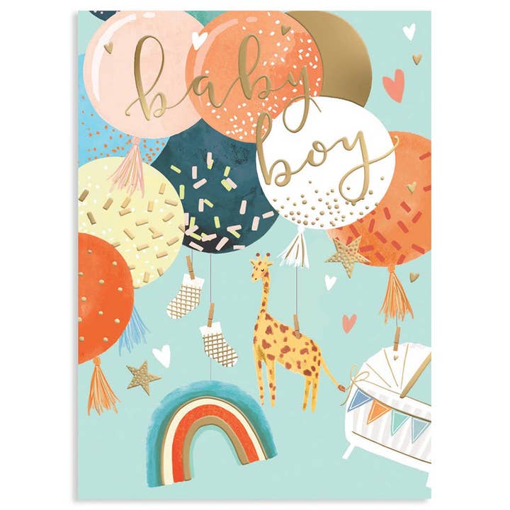 BABY BOY BALLOONS NEW BABY GREETING CARD 4.625 x 6.5625" for wholesale by Calypso Cards LLC