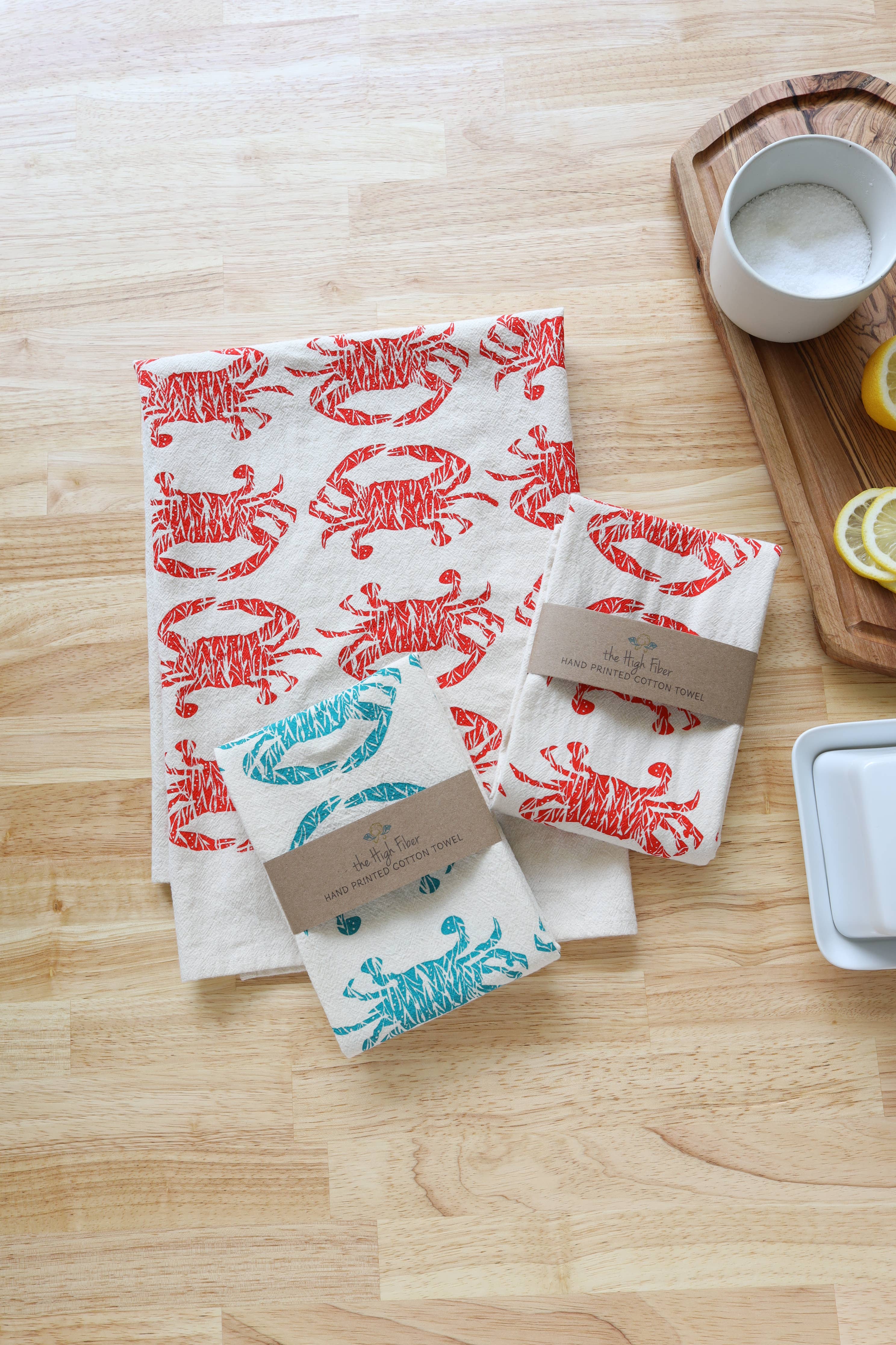 The High Fiber - Wholesale Tea Towel - Crab Handprinted Kitchen Towel, Coastal Tea Towel, Blue Crab3