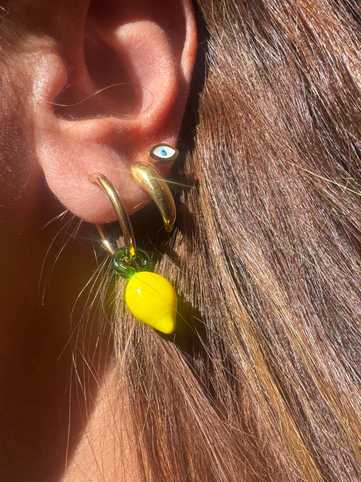 Tiny Lemon, Evil Eye & Gold Hook Stud Earring Set – Handmade for wholesale by Christina Christi
