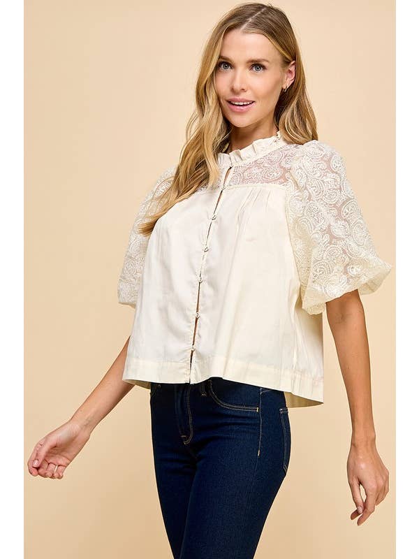 TCEC - Wholesale Blouse - Women's - CT9170-Bubble Sleeves Lace Button Up Top