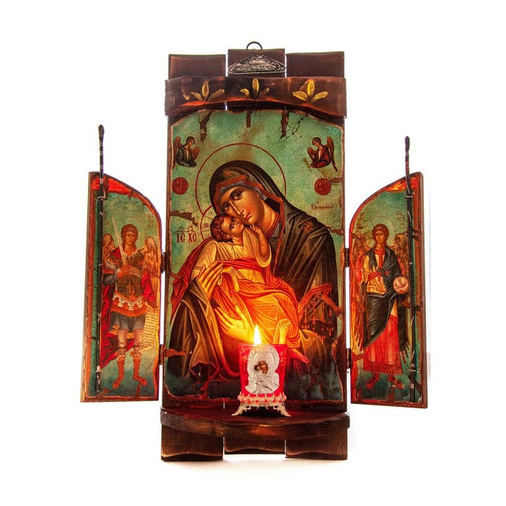 TheHolyArt – wholesale Religiöst kort – Kristen ikonostas Jungfru Maria Glykophilousa Ärkeängel Mikael Ärkeängel Gabriel ikon Handgjord duk Mt Athos träaltare Ortodox ikon0