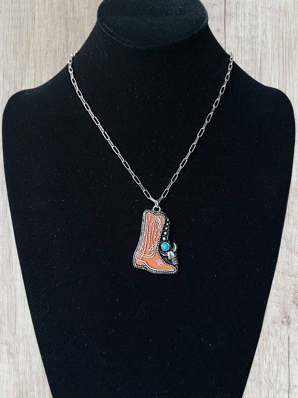 WESTERN TQ GEM ACCENT COWBOY BOOTS PENDANT NECKLACE for wholesale by LA Bijoux