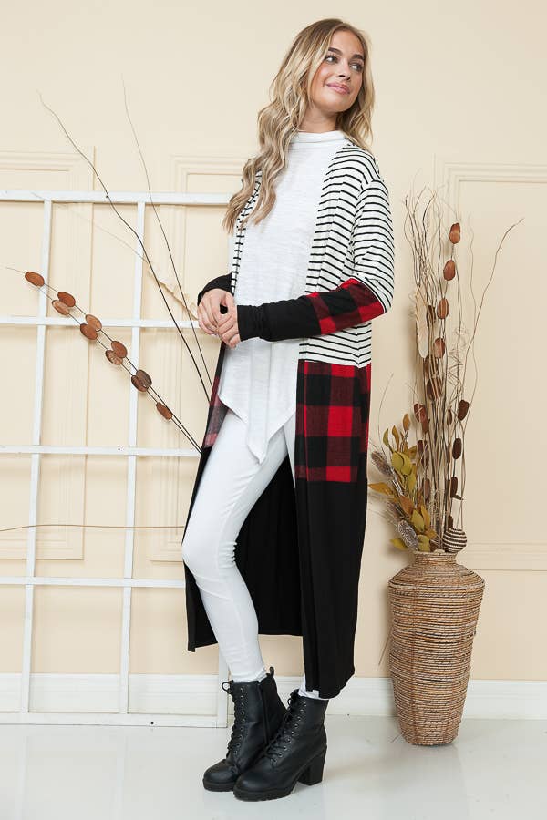 ECOSSAIS ROUGE CARDIGAN OUVERT MAXI RAYURES ET CARREAUX en vente sur Faire4