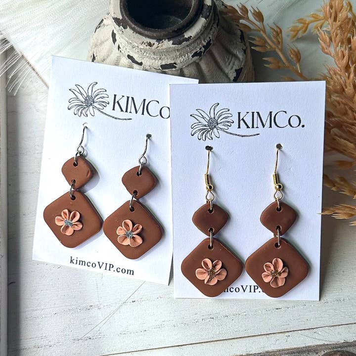 Polymer Clay Earrings - Everyday - Diamond Drop with Flower for wholesale by KIMCo.
