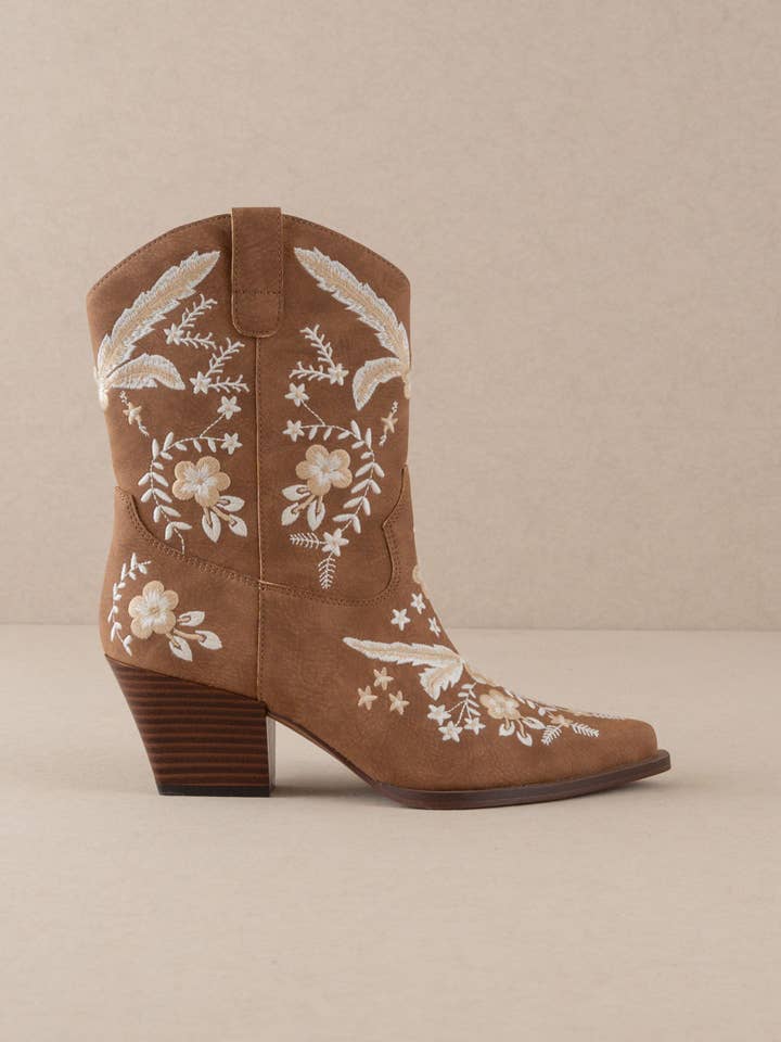 The Bailey | Cocoa Embroidered Cowboy Bootie for wholesale on Faire