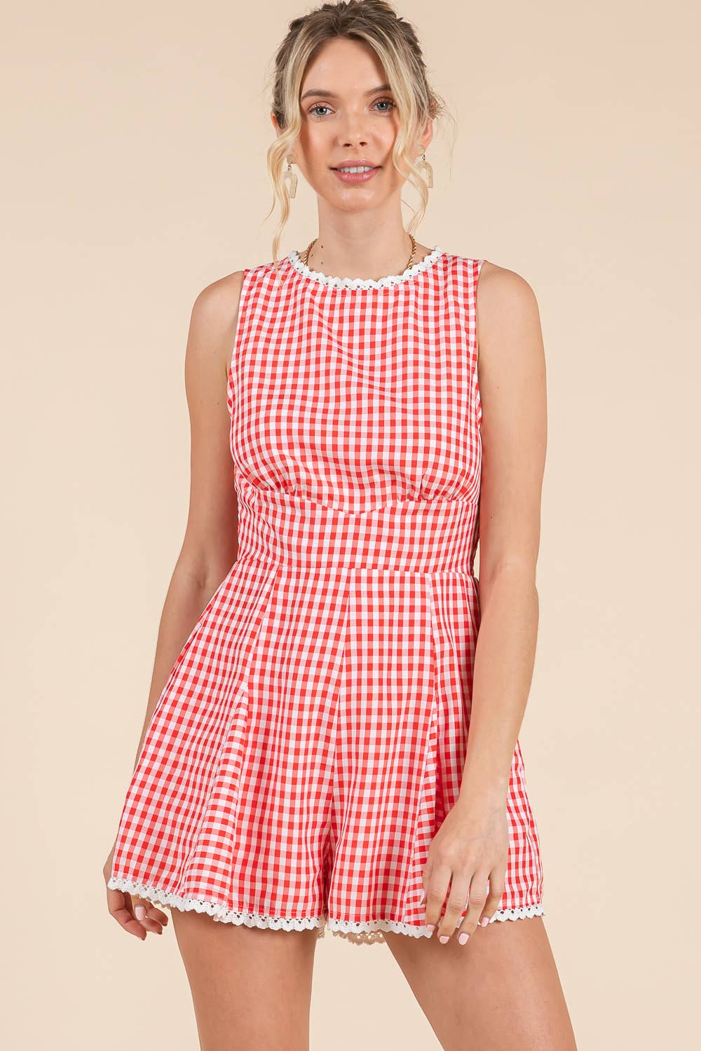BABY PINK – Großhandel Romper – Damen – Gingham-bedruckter Strampler mit Spitzenbesatz.29