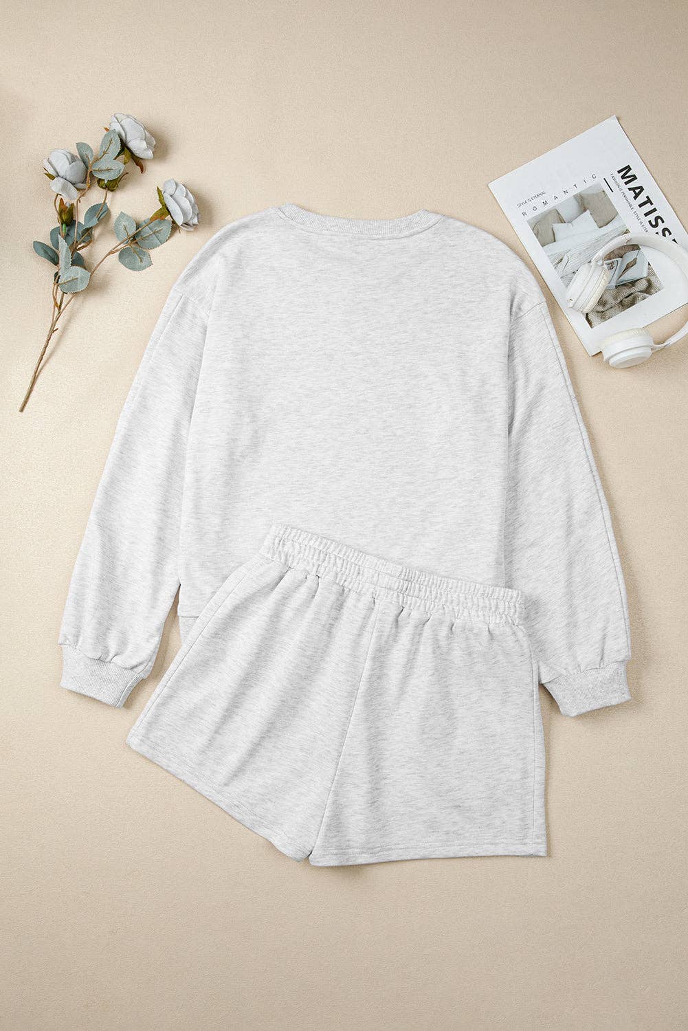 Light Grey Girly Bow Embroidered Detail Puff Sleeve Pullover 2pcs Short Set for wholesale on Faire1