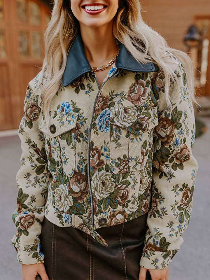 Khaki Floral Print Zip Up Contrast Collared Jacket for wholesale by Suhkasana