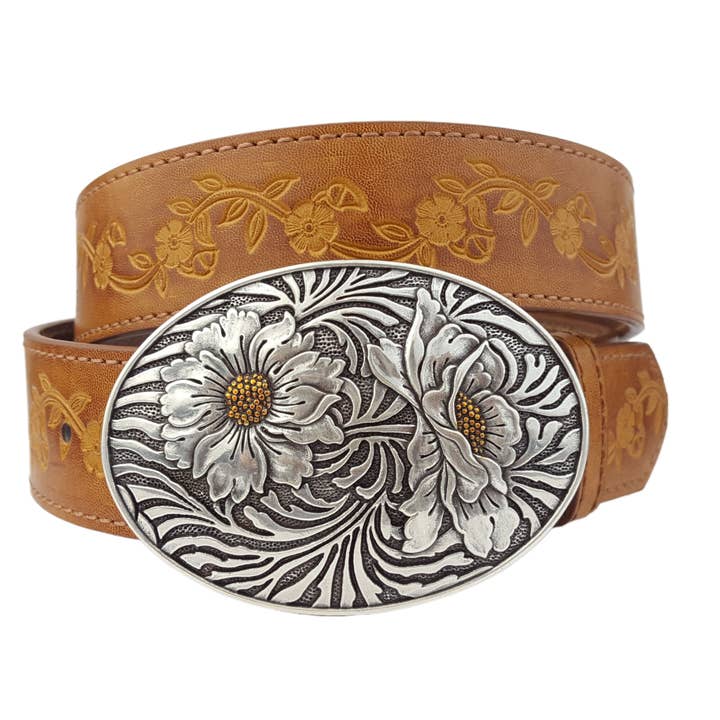 Axesoria West - Wholesale Belt - Women's - Popular Sunflower Buckle with Vintage floral tooled belt