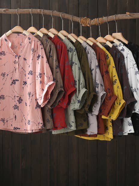 Whisper Mint - Wholesale Blouse - Women's - Women's V-Neck Printed Cotton Gauze Blouse