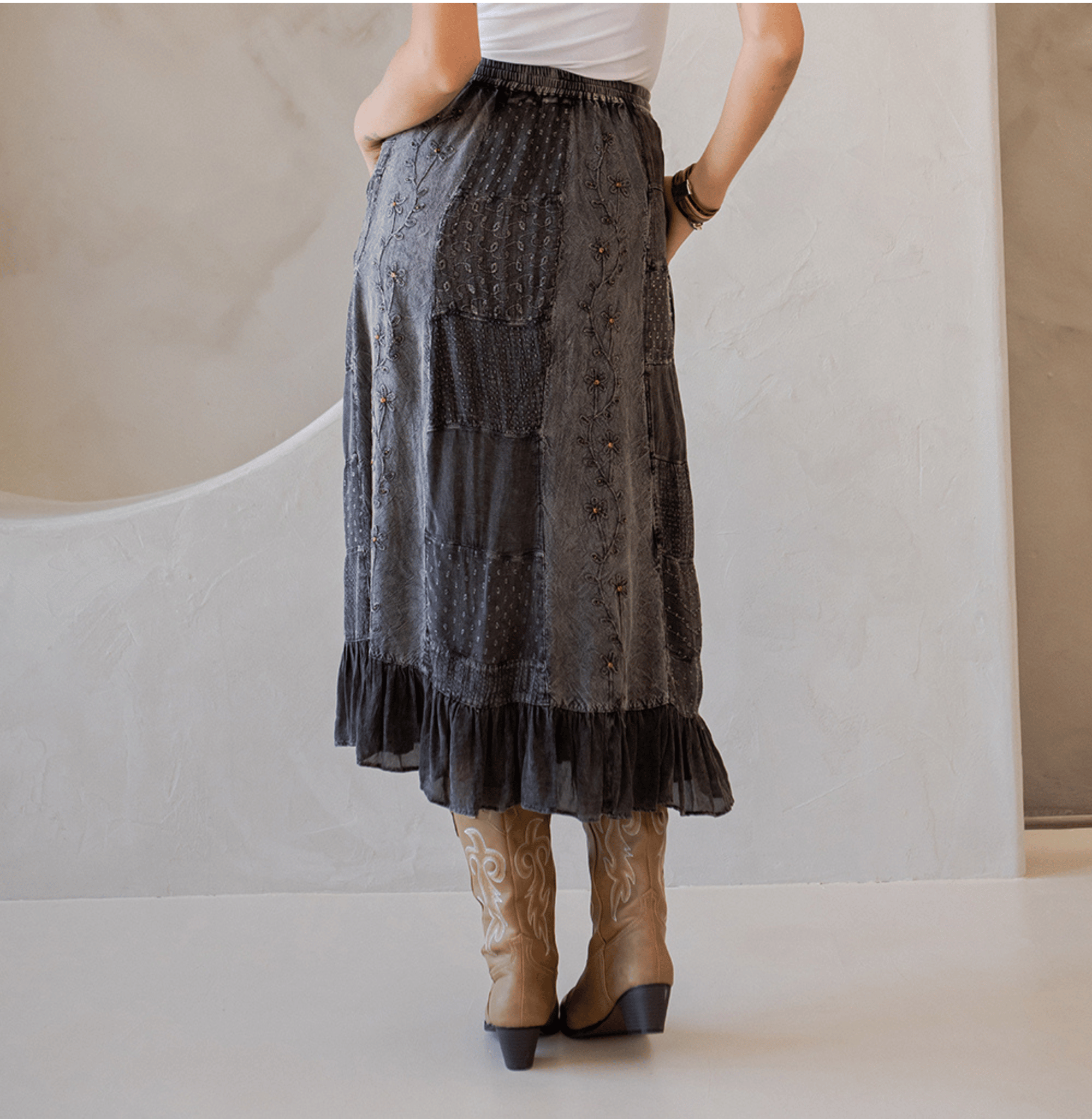 Young Threads - Wholesale Skirt - Women's - Women Patchwork Embroidered Maxi Skirt With Side Pockets2