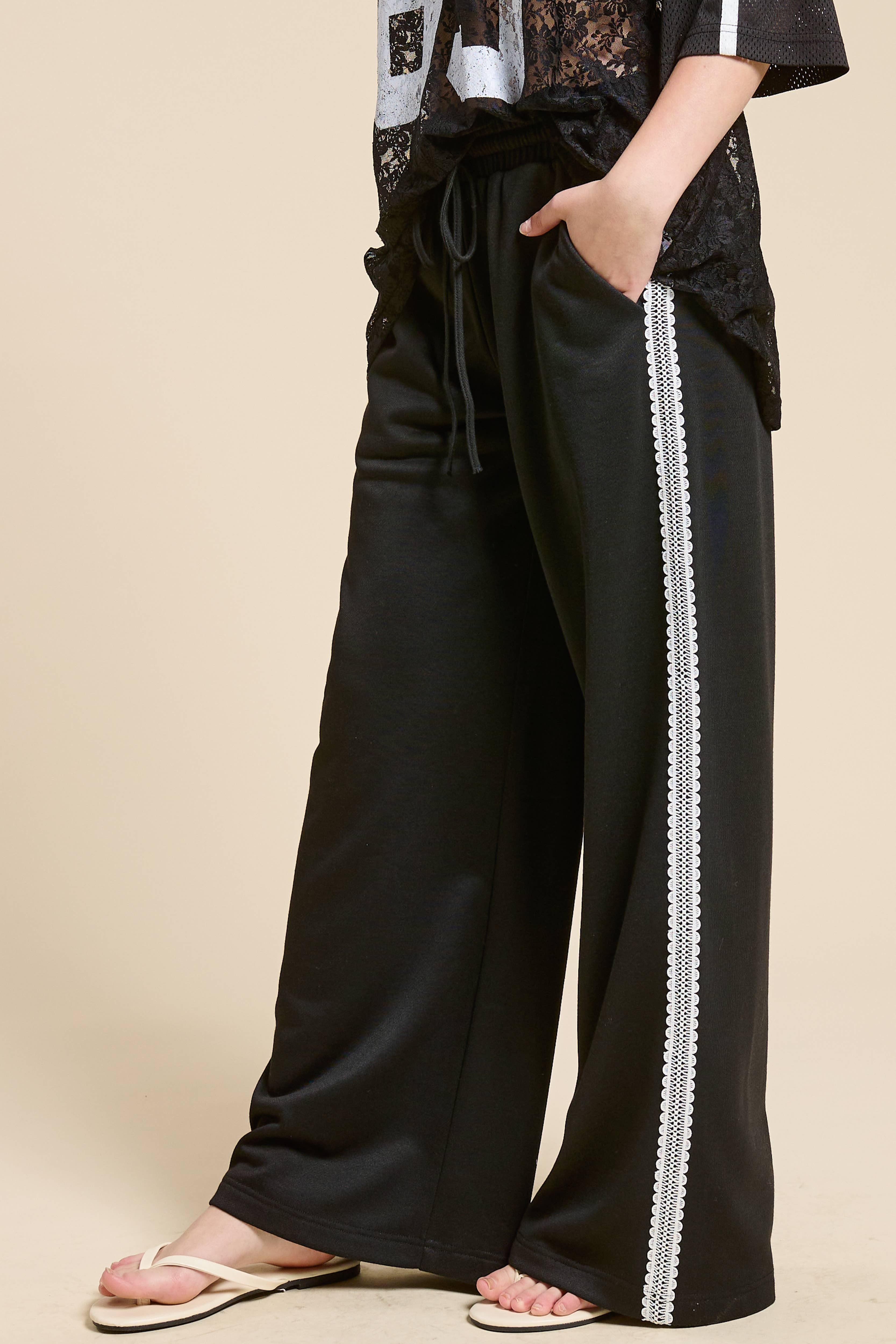 Black Lace Trim Wide Leg Track Pants with Drawstring Waist for wholesale on Faire5
