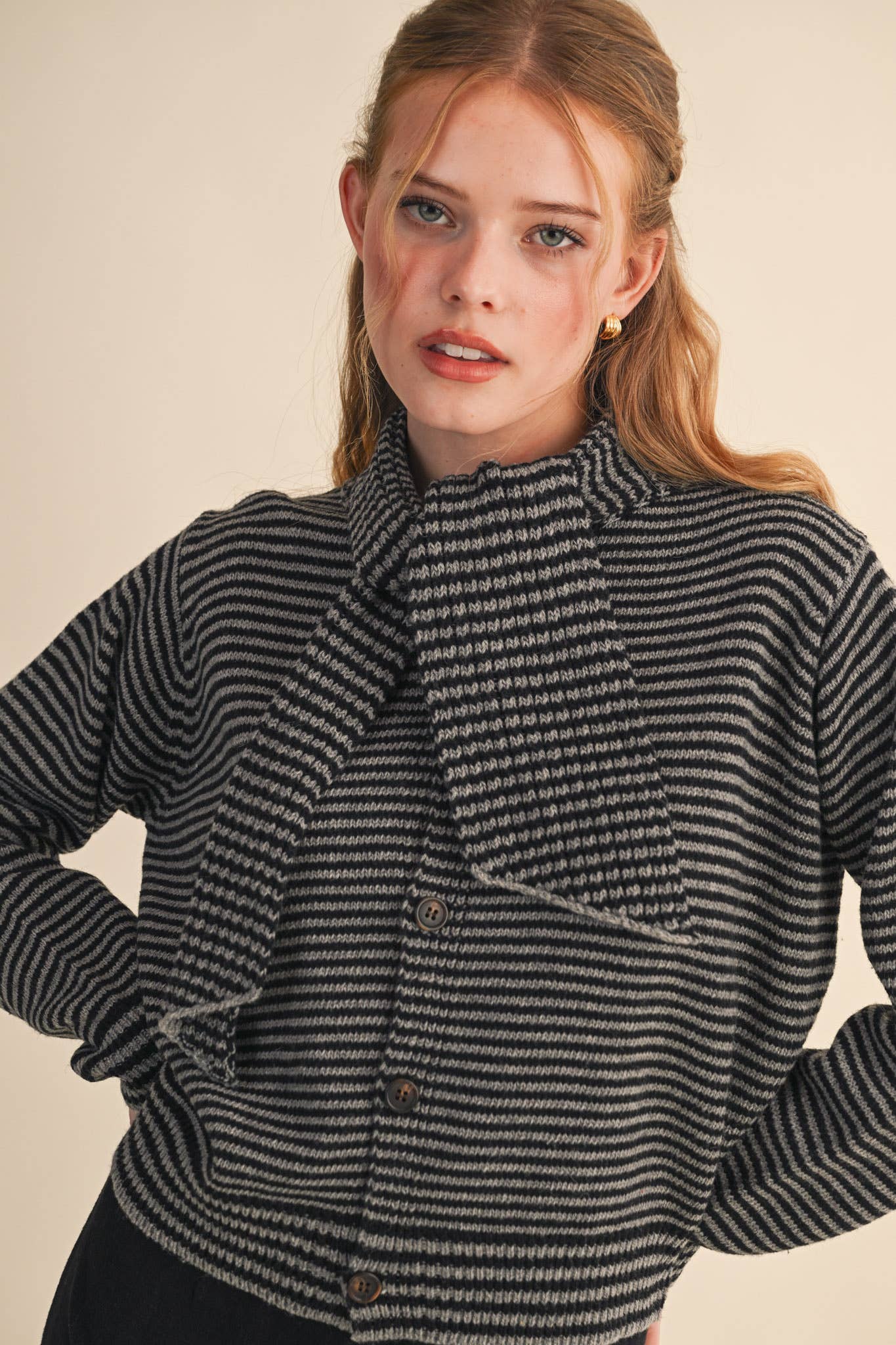 &MERCI - Wholesale Knit Sweater - Women's - STRIPED TYING NECK SWEATER CARDIGAN MSW111250